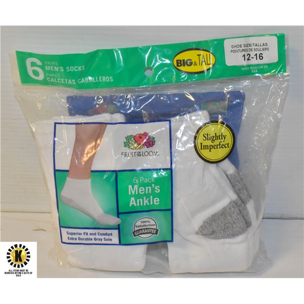 MENS WHITE ANKLE SOCKS, SIZE 12-16, 6 PACK