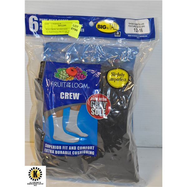 BLK CREW SOCKS,SIZE 12-16,6-PACK,FRUIT OF THE