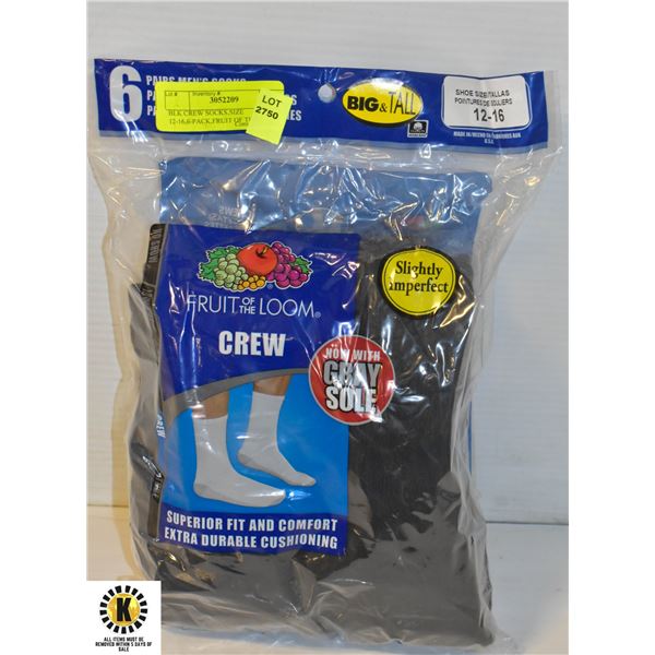 BLACK CREW SOCKS, SIZE 12-16,6-PACK, FRUIT OF THE