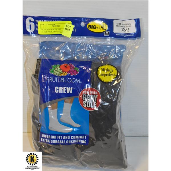 BLK CREW SOCKS,SIZE 12-16,6-PACK,FRUIT OF THE