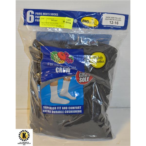 BLK CREW SOCKS,SIZE 12-16,6-PACK,FRUIT OF THE