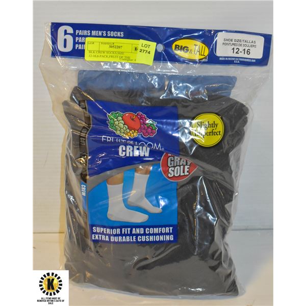 BLK CREW SOCKS,SIZE 12-16,6-PACK,FRUIT OF THE