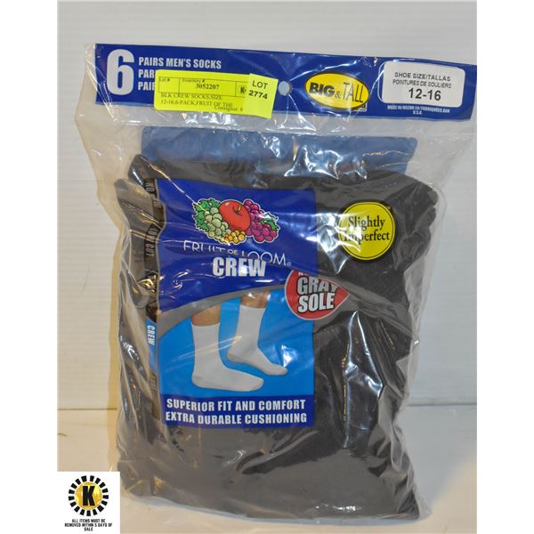 BLK CREW SOCKS,SIZE 12-16,6-PACK,FRUIT OF THE