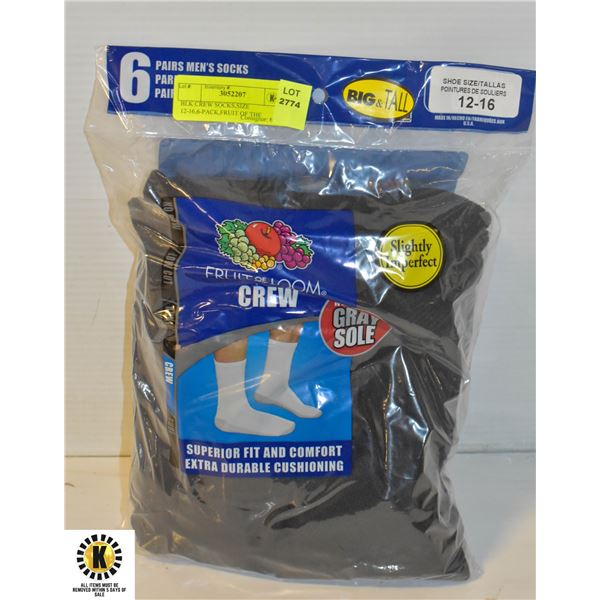 BLK CREW SOCKS,SIZE 12-16,6-PACK,FRUIT OF THE