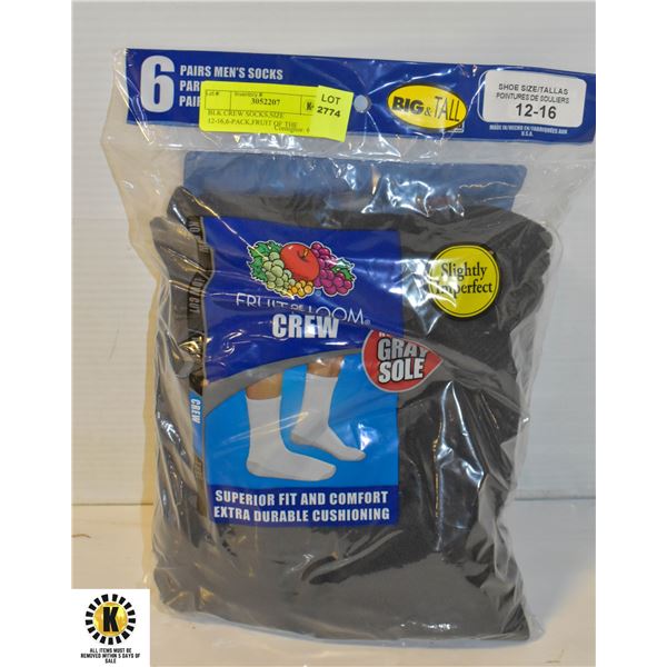 BLK CREW SOCKS,SIZE 12-16,6-PACK,FRUIT OF THE