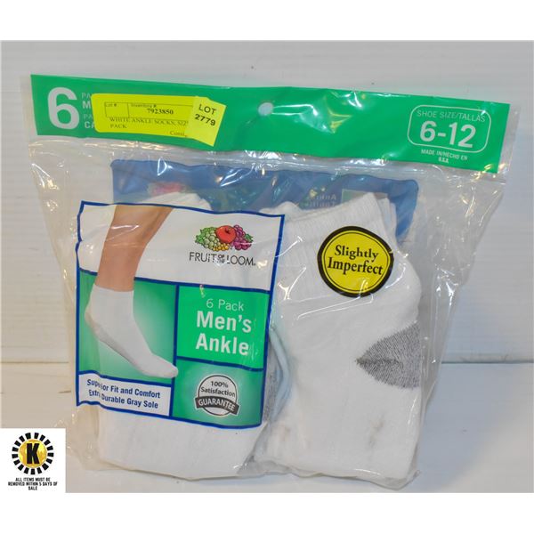 WHITE ANKLE SOCKS, SIZE 6-12, 6 PACK