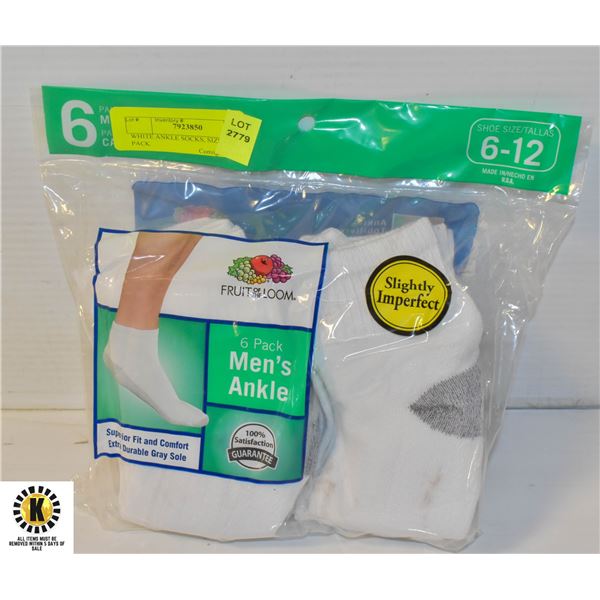 WHITE ANKLE SOCKS, SIZE 6-12, 6 PACK