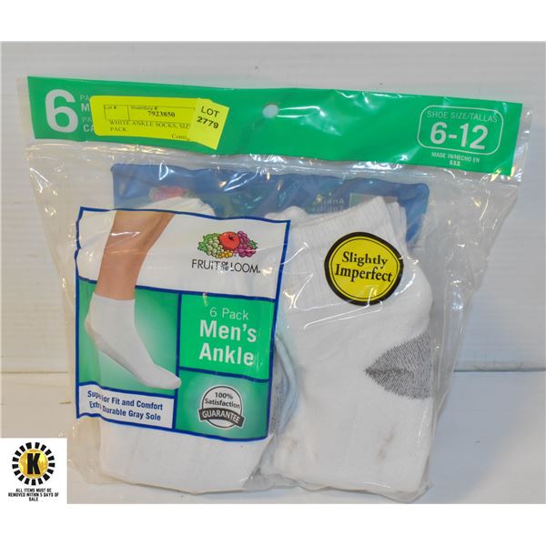 WHITE ANKLE SOCKS, SIZE 6-12, 6 PACK