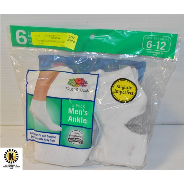 WHITE ANKLE SOCKS, SIZE 6-12, 6 PACK