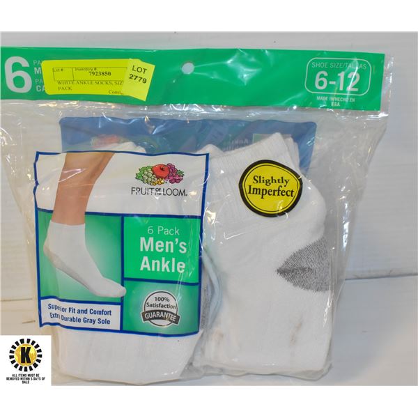 WHITE ANKLE SOCKS, SIZE 6-12, 6 PACK