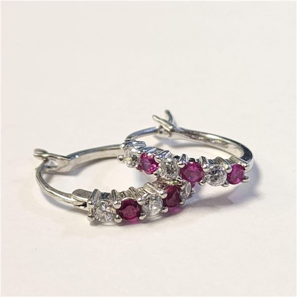 BZ1383-185 SILVER CREATED RUBY HOOP EARRINGS