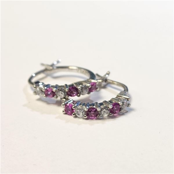 BZ1383-167 SILVER CREATED GEM HOOP EARRINGS