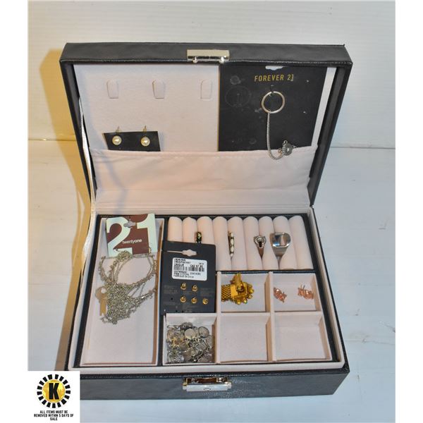 BLACK LEATHERETTE JEWELRY BOX W/ KEY FULL OF