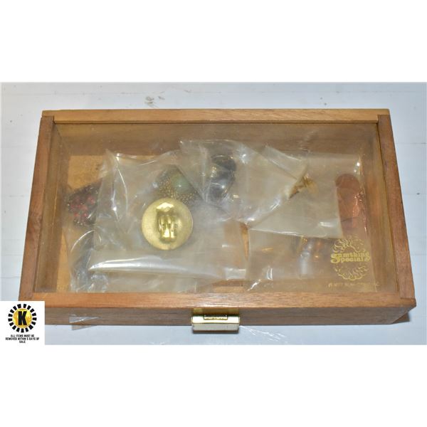 WOODEN BOX W/ CLEAR TOP FULL OF NEW EARRING SETS