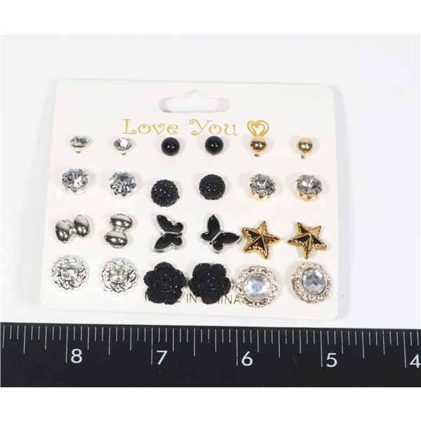 12 PAIRS STUD EARRINGS INCLUDES BUTTERFLIES,