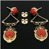 Image 8 : Antique 14K Yellow Gold Round & Oval Cabochon Coral Open Dangle Drop Earrings