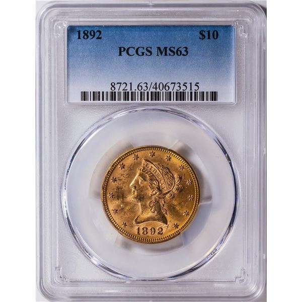 1892 $10 Liberty Head Eagle Gold Coin PCGS MS63