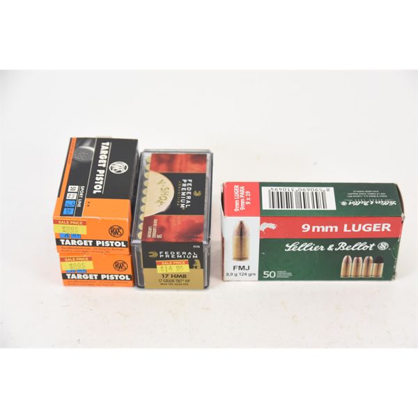 200 Rounds Mixed Cartridges 9mm Luger, .22, & .17 HMR Ammunition