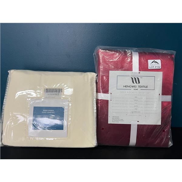 Lot of 1 Queen Size Silk Red Sheet Set & 1 Ivory Duvet Cover Set