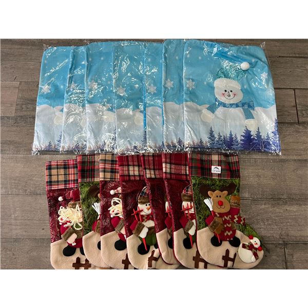 Lot of 7 Christmas Stockings & 7 Christmas Chair Covers