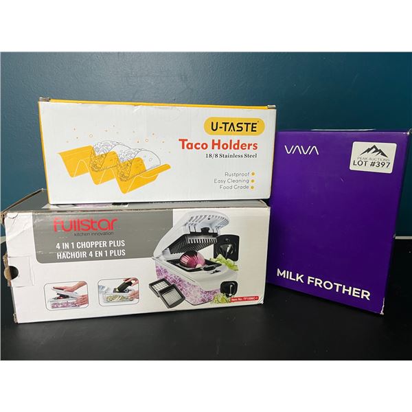Lot of Assorted Kitchen Gadgets - Milk Frother, 4-in-1 Chopper, & Taco Holders