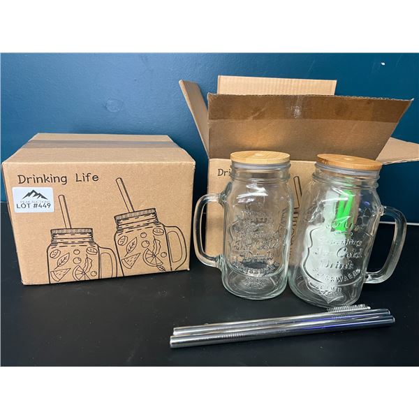 Lot of 2 Packs of Glass Mason Jar Drinking Cups with Bamboo Lids & Reusable Straw (4 mugs)