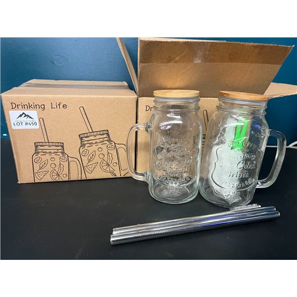 Lot of 2 Packs of Glass Mason Jar Drinking Cups with Bamboo Lids & Reusable Straw (4 mugs)