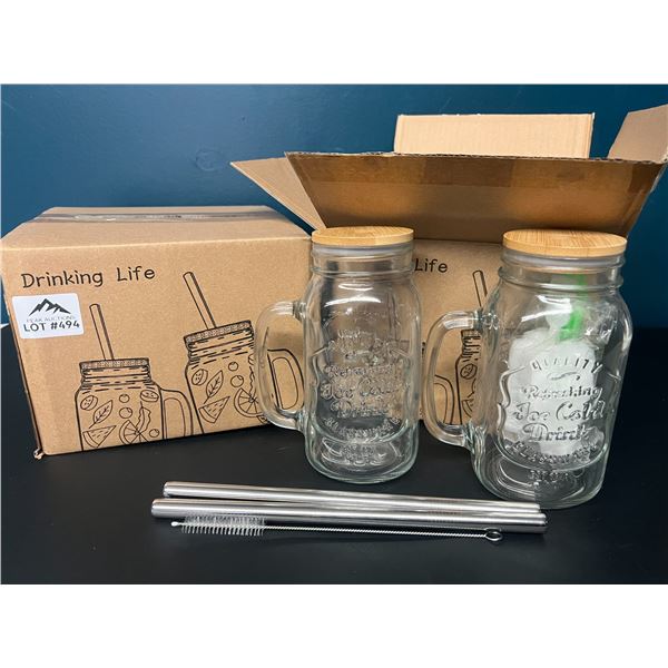 Lot of 2 Packs of Glass Mason Jar Drinking Cups with Bamboo Lids & Reusable Straw (4 mugs)