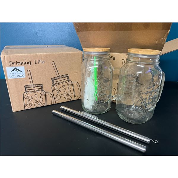 Lot of 2 Packs of Glass Mason Jar Drinking Cups with Bamboo Lids & Reusable Straw (4 mugs)