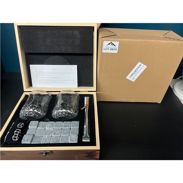 Lot of 2 Whiskey Stone Sets w/ Glasses & Wooden Storage Box