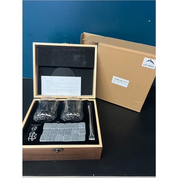 Lot of 1 Whiskey Stone Set w/ Glasses and Wooden Case