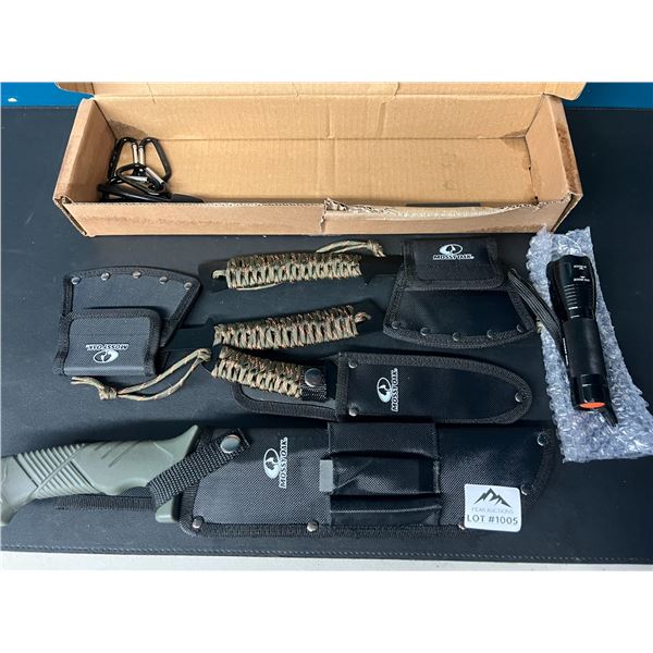 Lot of Mossy Oak Outdoor Gear - Hunting Knives, Axe, Machete, & Flashlight
