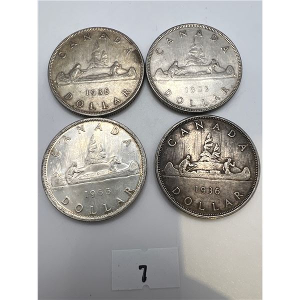 1936,1953,1955 Canadian Silver Dollars