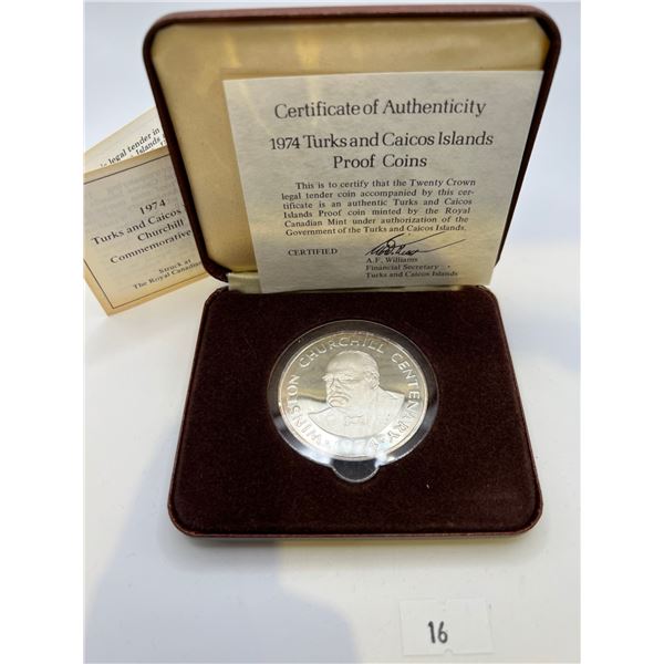 1974 Sterling Silver 20 Crown Turks and Caicos Islands Churchill Coin