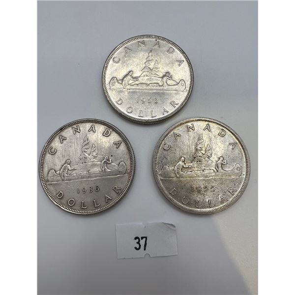 1936,1953,1955 Canadian 80% Silver Dollars