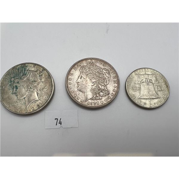 USA Silver 1921 Morgan Dollar, 1922 Peace Dollar & 1951 Half Dollar