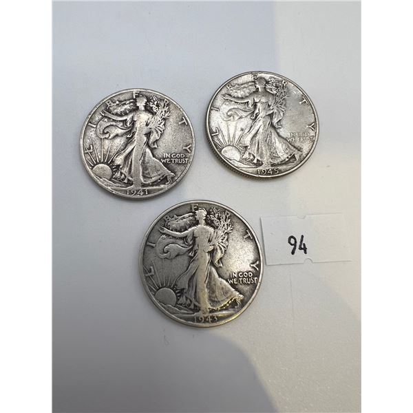 1941,1943,1945 USA Silver Walking Liberty Half Dollars