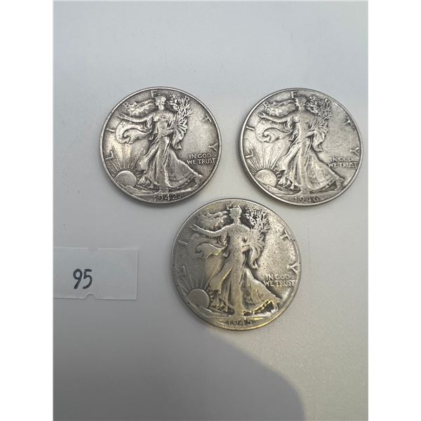 1942,1945,1946 USA Silver Walking Liberty Half Dollars