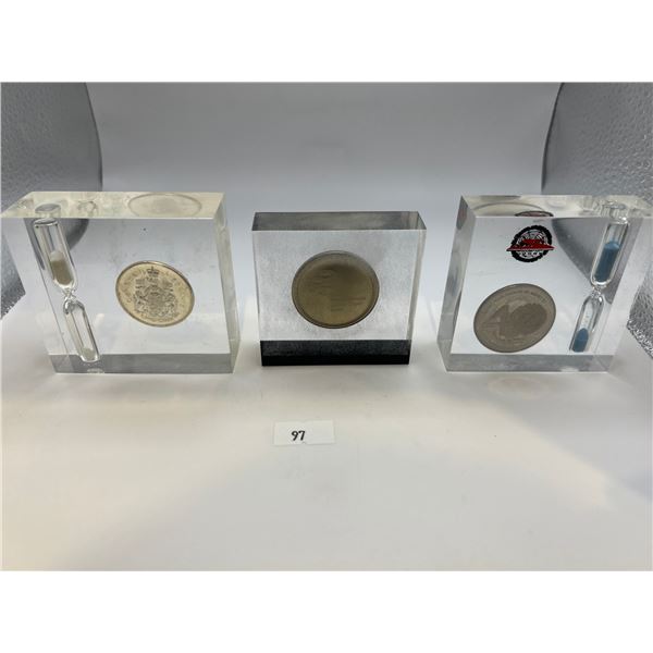 Resin Suspended Coins with Hour Glasses - Silver 1964 50 cent piece Canada