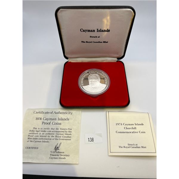 1974 $25 Cayman Islands Churchill Proof Sterling Silver Coin