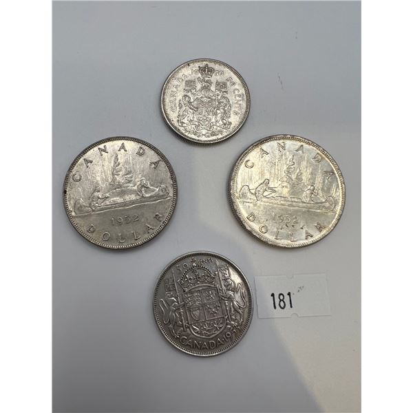 1952 Canadian Silver Dollars & 1953,1959 50 Cent Pieces