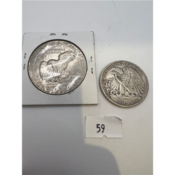 1942 USA Silver Walking Liberty Half Dollar & 1978 Silver Eisenhower Dollar
