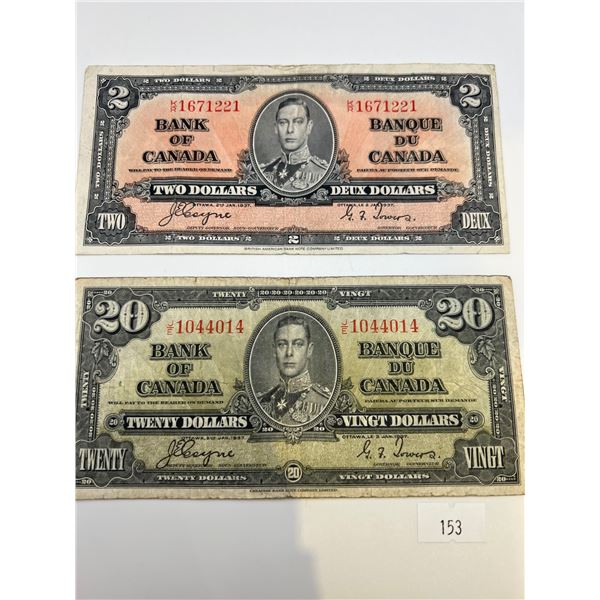 1937 Canadian $2 & $20 Banknotes