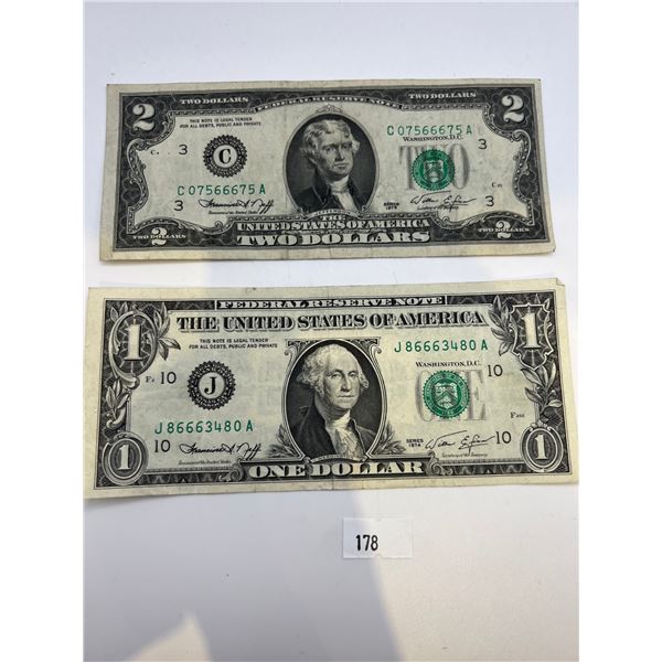 1970's USA $1 & $2 Banknotes