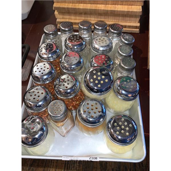 Lot of cheese/pepper & condiment shakers with tray