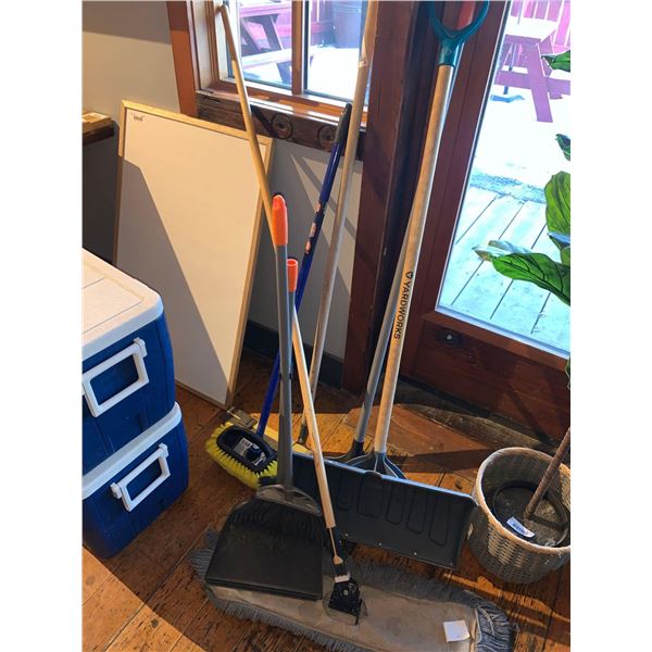 Lot of assorted brooms & cleaning