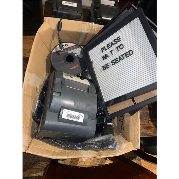 Box lot of misc items with receipt printer, audio cable, sign, etc.