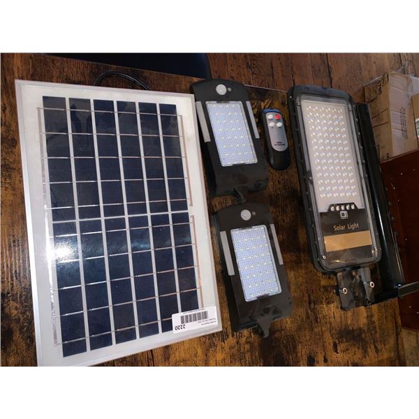 Lot of assorted Solar Light Items with Panel, lights, remote and stand