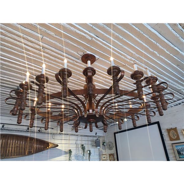 Vintage Wood & Wrought Iron 20 light wagon wheel style chandelier - approx 8ft x 6ft Oval. buyer mus