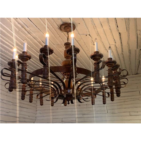 Vintage Wood & Wrought Iron 20 light wagon wheel style chandelier - approx 8ft x 6ft Oval. buyer mus